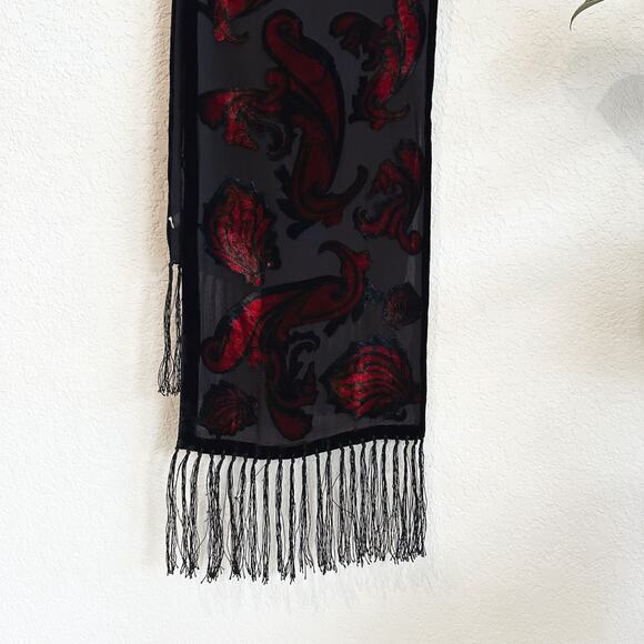 Velvet Burnout Scarf Fringe Whimsygoth Witchy Boho Hippie Damask Paisley 69X10 - Picture 4 of 4